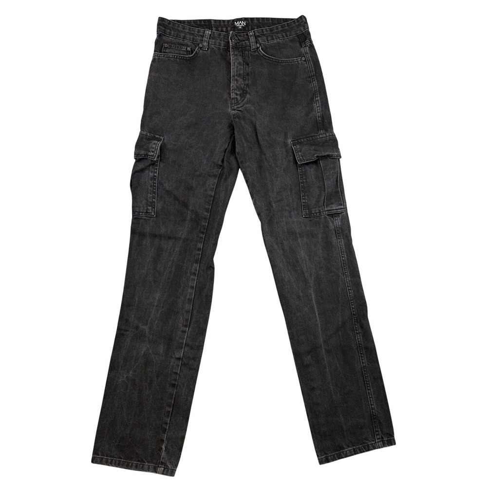 BoohooMAN Tall Mens Straight Leg Cargo Jeans Washed Black Button Fly Size 30